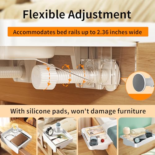 Bedside Caddy for Dorm Bed - Clip On Nightstand with Cup Holder, Floating Bed Side Table Tray Storage,College Dorm Room and Kids Room Essentials,Blending Decor and Storage （White）