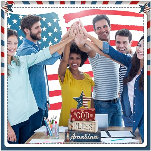 CroBlissful 4 Pcs 4th of July Decorations Patriotic Memorial Day Tabletop Decorations Red White Blue Table Centerpieces Sign for Office Tiered Tray Home Shelf 250th Anniversary(Star Independence Day) - style: Star Independence Day