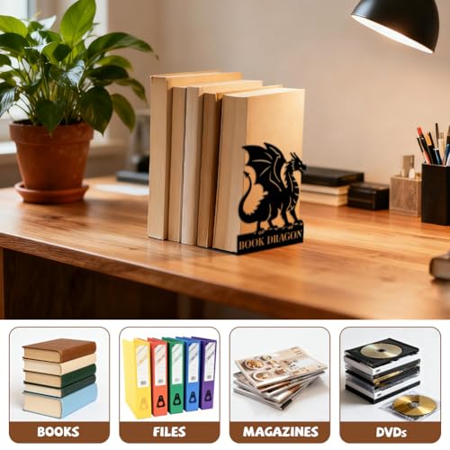 Peacoblue Metal Bookends for Shelves, Modern Decorative Heavy Duty Study Book Ends Stoppers for Office, Desk, Shelf, Room 5.3"x4.3"x6.9" Cast Iron Simple Tall Bookends 1 Pair (Dragon) - style: Dragon