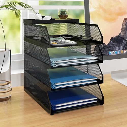 Natwind 4-Tier Paper Organizers,Desk Organizer,Stackable Paper Tray, Desk Accessories,Metal Mesh Desktop Organizer,Letter Trays,File Document Storage Rack for for Home, Office, School (Black) - color: Black, size: 4 tier