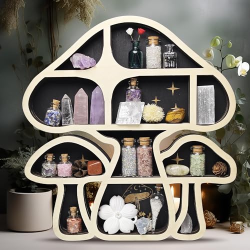 Wooden Mushroom Floating Shelves, Crystal Display Shelf for Wall, Cute Mushroom Wall Decor, Rock Gem Stone Storage Organizer, Essential Oil Holder Hanging Case, Meditation Art Spiritual Gift - color: 3 Mushrooms