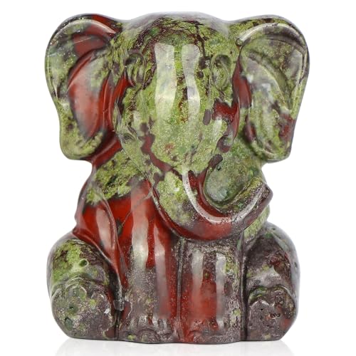 Crystal Elephant Figurine 1.5" Dragon Bloodstone Cute Animal Statue for Women Paperweight Hand Carved Reiki Healing Sit Elephant Decor for Home, Office