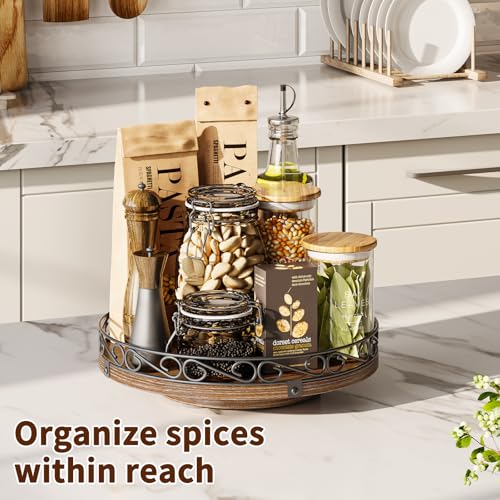 12" Lazy Susan Turntable Organizer for Table Top, Round Wooden Lazy Susan for Cabinet, Farmhouse Decorative Tray for Coffee Table, Kitchen Organizer Countertop, Center Piece Decor, Rustic Brown - color: Rustic Brown, size: 12 Inch