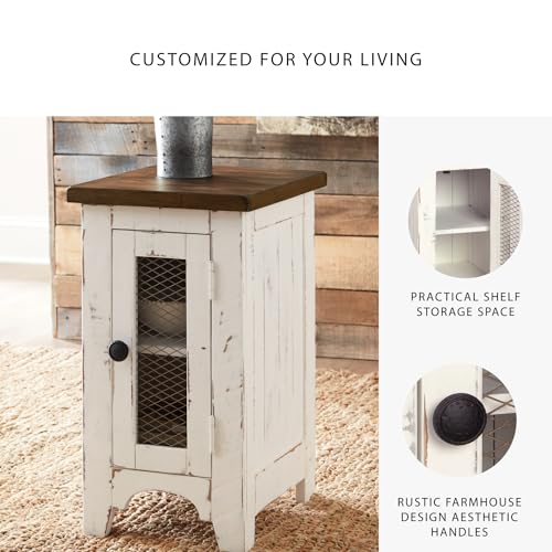Signature Design by Ashley Wystfield Farmhouse Chair Side End Table with Cabinet Door for Storage, White & Brown with Distressed Finish - color: Dark Brown & White
