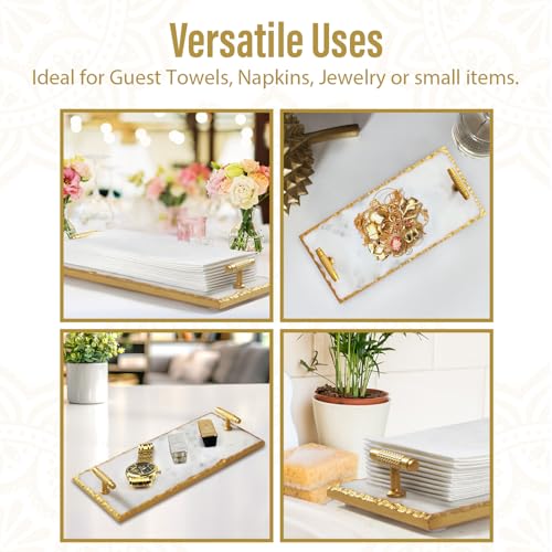 Guest Towel Holder Tray for Bathroom - Premium Marble Tray with Gold Rim - Bathroom Hand Towel Tray, The Perfect Vanity Tray for Bathroom. Ideal Valentines Day Gift. - color: Gold Rim