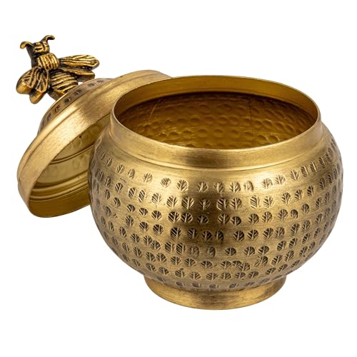 Creative Co-Op Round Hammered Metal Container with Bee Finial, Brass Finish - style: Bee