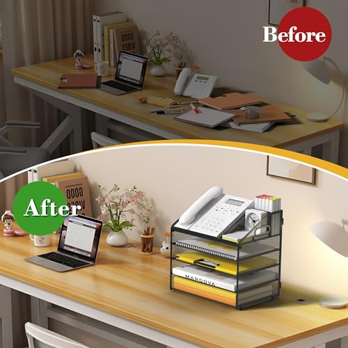 Letter Tray Paper, 5 Tier Desk Organizer with Pen Holder and Handle, Mesh File Organizer Paper Sorter Metal Desktop Document Shelf for Office Home Classroom - Black - color: 5 Tier-black