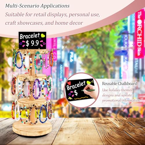 3 Tier Bracelet Holder,Wooden Rotating Bracelet Display Stand with 36 Hooks and Tray,360°Rotating Jewelry Holder Organzier for Bracelet, KeyChain, Necklace, Jewelr