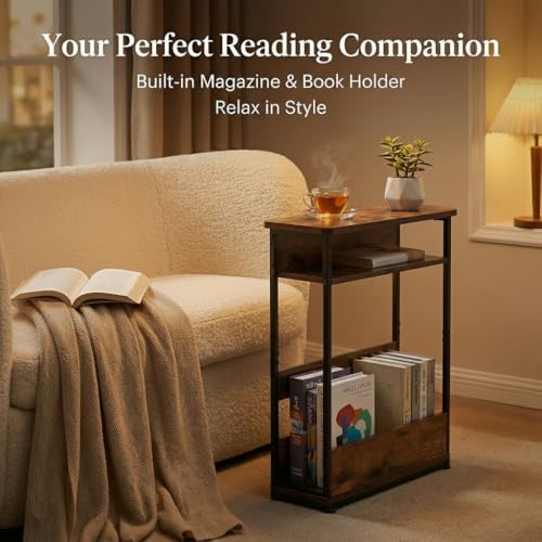 Narrow Side Table,3-Tier Slim End Table with Storage Shelf,Modern Sofa Table Thin Side Table for Narrow and Small Spaces, Skinny Bedside Table Small Nightstand with Magazine Rack Space Saving/Brown - color: Rustci Brown