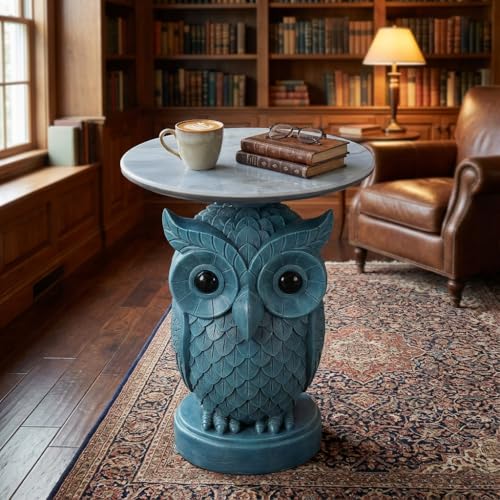Luxurious Owl Side Table - 20" Premium Faux Marble Top Accent Table with Hand-Detailed Resin Owl Statue Base - High-End Round End Table for Study, Library, Nightstand - Tool-Free - color: Blue Owl