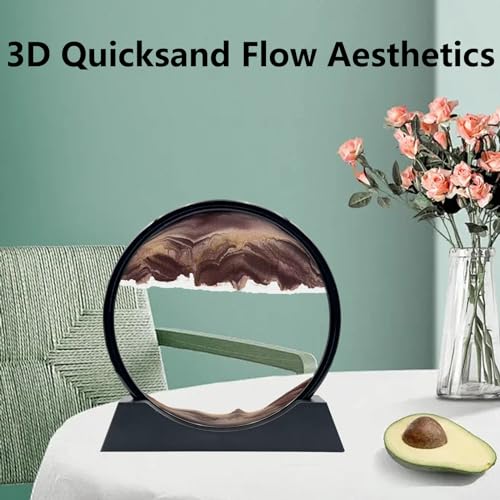 Moving Sand Art Liquid Motion, 3D Deep Sea Sandscape Color Quicksand Decor, Round Glass Moving Sand Art Picture Relaxing Desktop Home Office Work Decor (12 inch-Coffee) - color: Coffee, size: 12 Inch