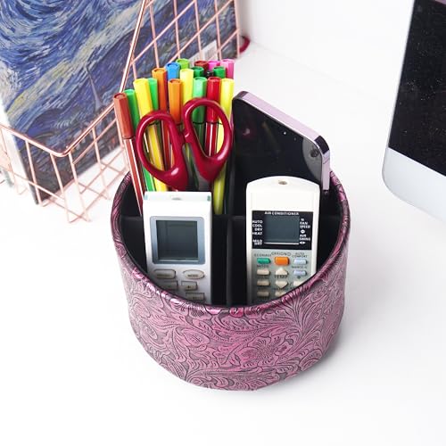 lizimandu Round Leather Art Supply Organizer,Remote Control Holder,360 Degree Spinning,Multi-Functional Pencil Holder,4 Compartments Desktop Stationary Organizer(1-Carved Metal Rose Red) - color: 1-Carved Metal Rose Red