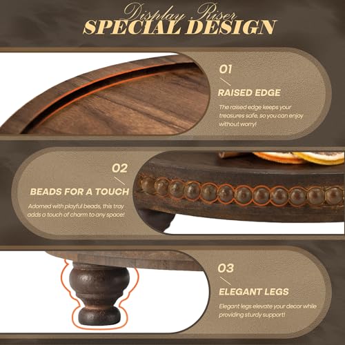 EOSAHR Acacia Wood Beaded Round Display Riser for Boho Decor – 3-Leg Wooden Pedestal Stand for Coffee Table, Cake Stand, Perfume Tray & Vanity Organizer – Riser for Decor (Dark Acacia) - color: Dark Acacia