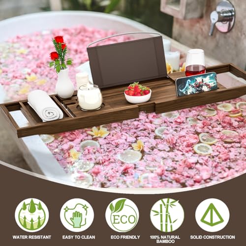 Premium Teak Bathtub Tray Caddy, Wooden Bath Caddy Trays for Bathtub, Bath Tub Wood Tray Table for Tub,Expandable Size, Fits Most Bath Tubs - color: Teak Wood