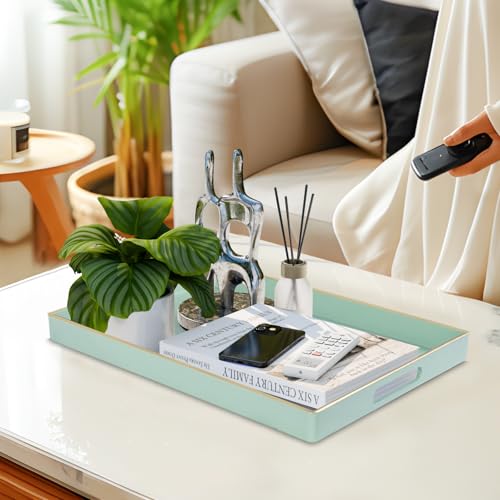 MAONAME Mint Green Serving Tray with Handles, Modern Decorative Trays for Coffee Table, Plastic Rectangular Trays for Ottoman, Bathroom, Decor, 15.8” x 10.2” x 1.4" - color: Mint Green, size: 15.8" x 10.2" x 1.4"
