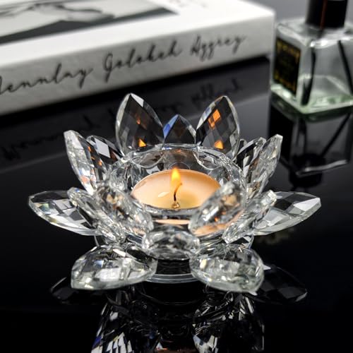 Crystal Lotus Flower Tealight Candle Holders, 2 Packs, K9 Crystal Material, Candlestick Decor, Glass Tealight Candlestick, Christmas Home Decoration - color: Clear-2pcs