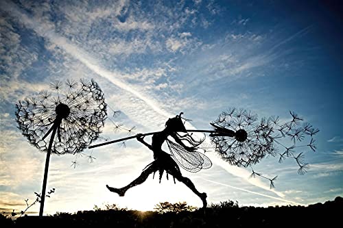 Fcteap Flower Fairy Dancing with Dandelion Garden Art Sculpture Stainless Steel Statue Christmas Halloween Decoration for Outdoor Yard Courtyard Lawn Patio Metal Ornaments (Long Travel) - style: Long Travel