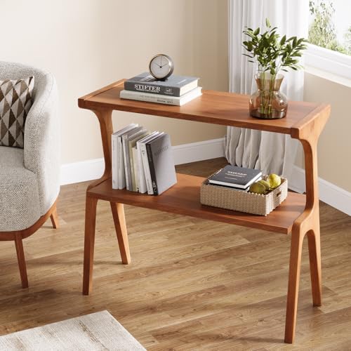 Tribesigns Solid Wood End Table, Modern Side Table for Couch, 2-Tier Narrow Tall End Table, Long Bedside Table for Living Room, Bedroom, Walnut - color: Walnut