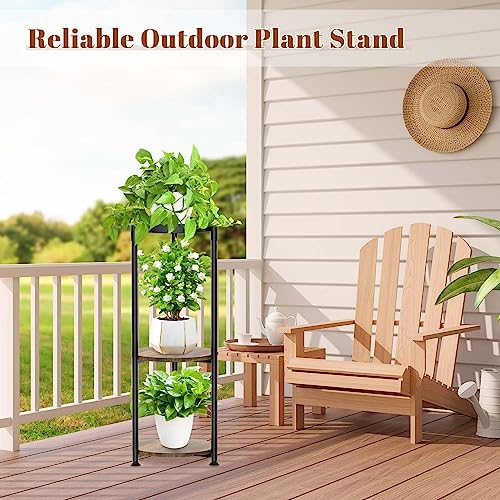 KMOTASUO 3 Tier Black Plant Stand Indoor for Large Tall Heavy Duty Planter, Multiple Sturdy Metal Flower Corner Rack for Narrow House Floor, Iron Vertical Level Round Orchi Holder Organizer, Modern - color: Black + Brown, size: 3 Tier