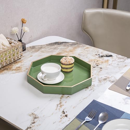 PEMAR 12.2" Octagonal Lacquer Serving Tray Decorative Basket Tray for Breakfast, Dinner, Coffee Table Decor (Green)
