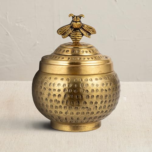 Creative Co-Op Round Hammered Metal Container with Bee Finial, Brass Finish - style: Bee