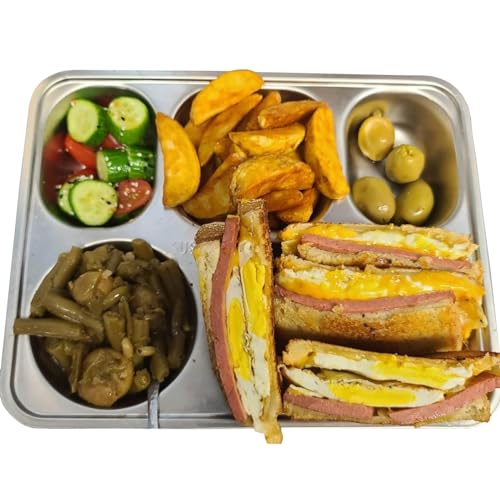 Set of 2 Stainless Steel Rectangular Divided Plates Tray 5 Sections Dinner Plates for Adults - Unbreakable Metal Plate for Campers, and Portion Control Reusable Plate - size: 5C (5 Sections)