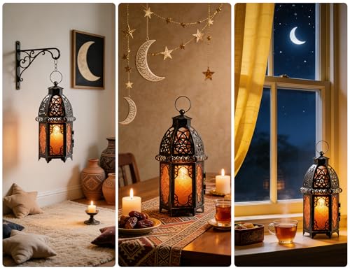 DECORKEY Vintage Large Size Decorative Ramadan Candle Lantern, 12.8’’ Metal Hanging&Tabletop Moroccan Lantern Candle Holder Decor, Halloween Christmas Decorations for Home Indoor Outdoor Patio (Amber) - color: Amber - 12.8''h, size: Large