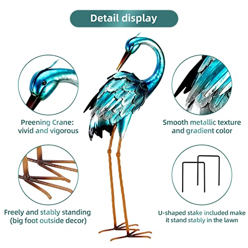 chisheen Crane Garden Statues, Metal Garden Crane Outdoor, Blue Heron Sculpture Metal Yard Art, Large Heron Decoy, Bird Statues, Lawn Ornaments for Backyard Pond Patio Porch Outside Decorations