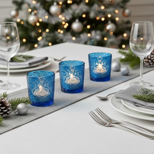 12 Pack Mandala Embossed Glass Candle Holders – Votive Tealight Holders with Patent Design, Decorative Embossed Glass Cups for Wedding Centerpieces, Parties, and Home Décor (Ocean Blue) - color: Ocean Blue