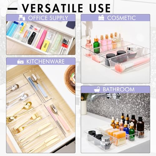 HOUSE DAY Desk Drawer Organizer Bins 4 PCS, 9*3*2" Clear Drawer Organizers with Silicone Pads, Vanity Organizers and Storage, Non Slip Plastic Drawer Organizer for Makeup, Bathroom, Kitchen, Office - size: 4 Pack -9x3x2''