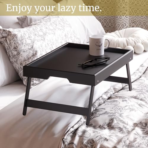 VERTORGAN 3 Pack Bamboo Bed Tray Table with Folding Legs,Breakfast Trays,Serving Tray,Laptop Tray for Working,Food Snack Tray for Bed and Sofa(Black) - color: Black