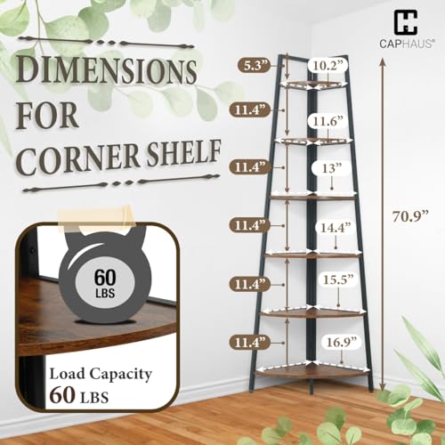 CAPHAUS Tall Corner Shelf Stand, 6-Tier Display Shelves, Ladder Corner Wood Storage Plant Bookshelf with Metal Frame, Versatile Shelving Unit Bookcase for Home Office Space, Rustic Oak - color: Rustic Oak, size: 6-Tier