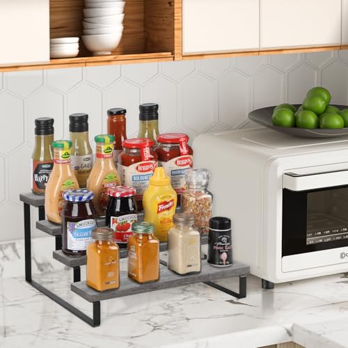 YINMIT Wooden Display Riser Stand, Tiered Perfume and Cologne Organizer Stand, 4 Tier Spice Rack Organizer, Rustic Display Shelf for Candles (4 Tier,Grey) - color: 4 Tier,Grey