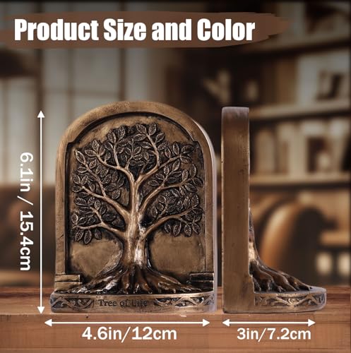 Vintage Bronze Finish Tree of Life Bookends Set, 2 Non-Skid Heavy Bookends for Shelves or Bookcase, Decorative Bookends for Desktop Shelf Decor, Library Office Decor, Home Décor Gift - color: Antique Bronze, size: Small
