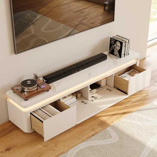POVISON Fully Assembled 79" Mid-Century Modern TV Stand with LED Lights, Glossy Sintered Stone Top Media Console for 75 Inch TV, Drop-Down Doors & Drawers, Open Storage for Living Room - color: White, size: 79"