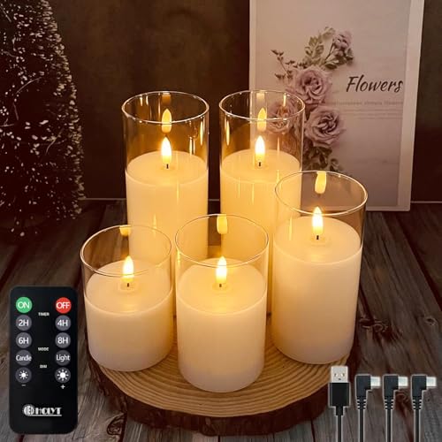 Rechargeable Flameless Candle, Flashing LED Pillar Real Wax Candle with Remote Control and Timer, Teardrop Wick, Clear Glass Electronic Candles, 1 Set of 5 - color: White Glass -Droplet 5P