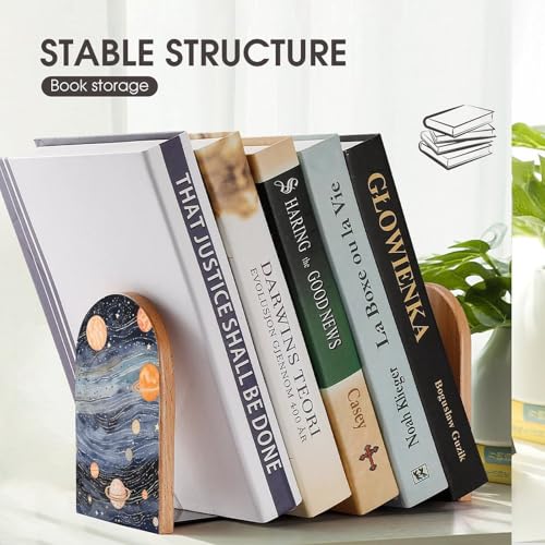 1 Pair Wood Handmade Book Ends Space Themed Art Bookends Non-Skid Decorative Bookends Book Stopper Book Shelf Holder for Shelves Heavy Books
