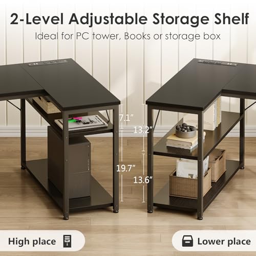 AODK 55 inch L Shaped Computer Desk with Drawers, Reversible Computer Desk with Storage Shelves, Home Office Desk with Built-in Power Outlet, Black - color: Black, size: 55 Inch