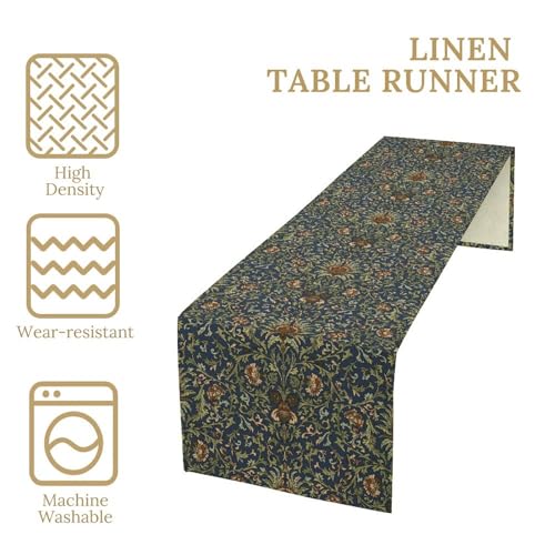Bohemian Plant Flowers Table Runner, Mid Century William Morris Art Vintage Pattern Table Runners for Kitchen Dining Table Indoor Outdoor Decor 13x36in - color: Blue-green, size: 13x36in
