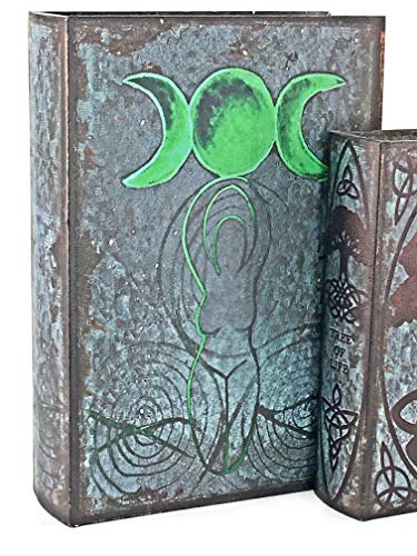 Bellaa 28229 Decorative Book Box Antiques Vintage Retro Invisible Secret Storage Faux Leather Wood Magnetic Set of 3 Tree of Life Triple Moon Pentacle - style: Triple Moon