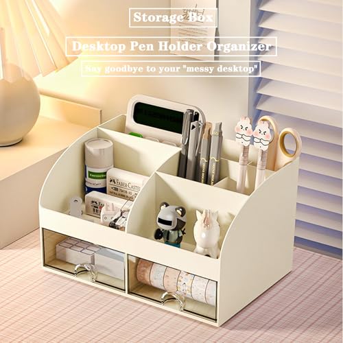 COMFYROOM Desk Organizer with 6 Compartments and 2 Drawers, Plastic Makeup Organizer, Pen Holder for Desktop Storage, Desk Organization for School, Home, Office Supplies (Ivory) - color: Ivory