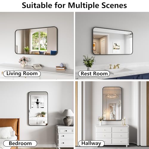 Koonmi Metal Framed Bathroom Mirror, 24"X42" Anti-Rust Bathroom Vanity Mirror, High-Definition Tempered Glass Bathroom Mirrors for Over Sink, Modern Decorative Wall Mirror for Restroom - color: Rounded Edged, size: 42"L x 24"W