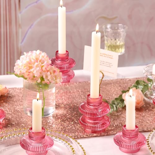 Pink Candlestick Holders Set of 10, Pink Glass Candle Holders for Pillar Candles, Taper Candle and Tealight Candles, Taper Candle Holders for Wedding, Table Centerpiece - color: Pink