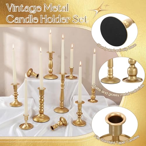 Mumufy Matte Candlestick Holders, Metal Wedding Taper Candle Holders Vintage Candles Stand Set, Candle Stick Decor for Mantel Table Centerpiece Wedding Dining Table Decor Mantelpiece(Gold,10 Pcs) - color: Gold