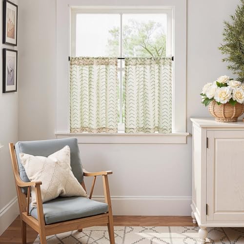 jinchan Boho Linen Blend Kitchen Curtains 24 Inch Length Herringbone Printed Tier Curtains for Small Windows Bathroom Cafe Laundry Room Set of 2 Rod Pocket Green on Linen - color: Arrow | Green on Linen, size: 26"W x 24"L (Pack of 2)