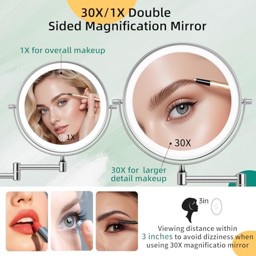 FUNTOUCH 5000mAh Rechargeable Wall Mounted Makeup Mirror with Lights,Double Sided 1X/30X Magnification,3 Color Lights,Touch Dimmable,Extended Arm 360 Rotation Lighted Bathroom Mirror - color: Polished Chrome