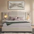 Luxury Queen Size Bed Frame with LED Lights and Nightstands, Modern Velvet Upholstered Platform Bed Frame with Oversized Headboard, Buttons Around, No Box Spring Needed, Beige | Breathable material - color: Beige-velvet, size: Queen
