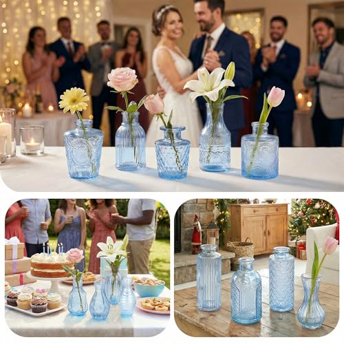 Glass Bud Vases in Bulk Set of 17, Blue Small Mini Vases for Flowers, Vintage Vase for Centepiece,Wedding, Table Decor, Baby Shower, Christmas, Home and Events - color: Blue