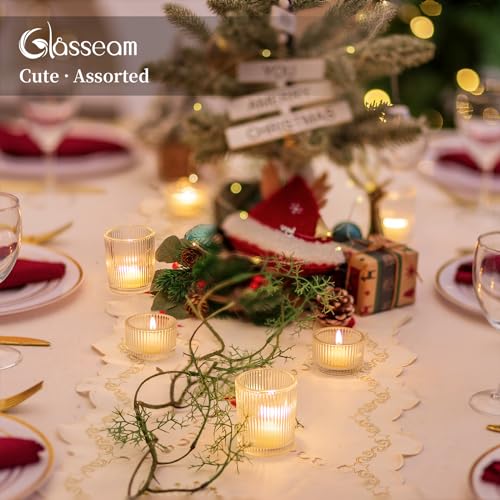 Glasseam Glass Tealight Candle Holder: Set of 8 Ribbed Clear Votive Candle Holders for Table Centerpiece, Decorative Small Vintage Tea Lights Candle Holder for Wedding Christmas Dining Room Decoration - color: Clear