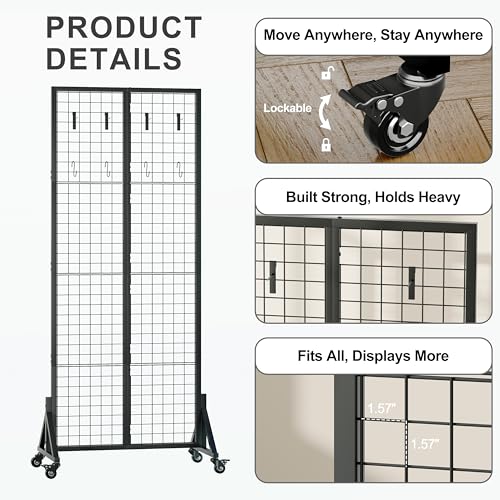 Rolling Gridwall Display Stand, 65.6" H x 23.6" W Wire Mesh Rack with Wheels, Metal Display Grid for Art Shows, Craft Fairs, Retail Boutique & Home Storage, Black - color: Black